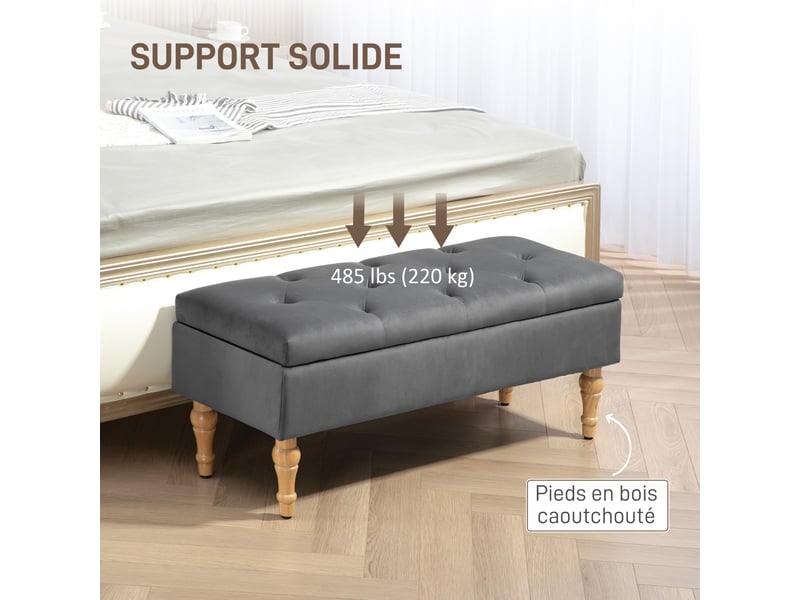  Banc coffre de rangement 2 en 1 banquette en velours avec pieds en bois et couvercle à charnière capitonné, gris foncé  - Conforama W