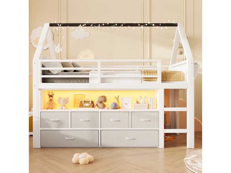  Lit mezzanine 90x200 cm avec guirlande led, 6 tiroirs en tissu, rideau latéral et poche de rangement, blanc  - Conforama D
