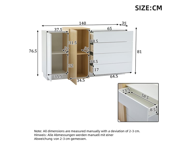  Buffet blanc laqué brillant 2 portes 4 tiroirs meuble de rangement moderne 140 cm  - Conforama C