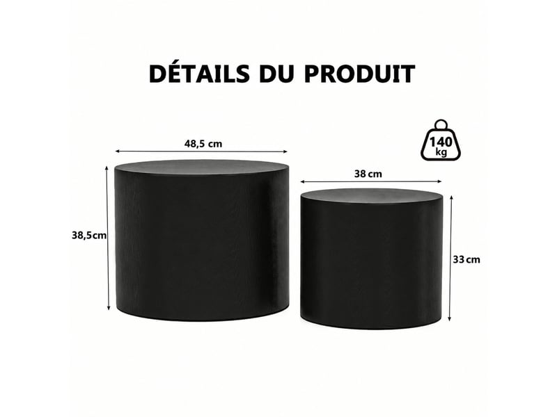  Lot de 2 tables gigognes noires, table basse ronde en mdf, design gain de place, aucun assemblage requis.  - Conforama C