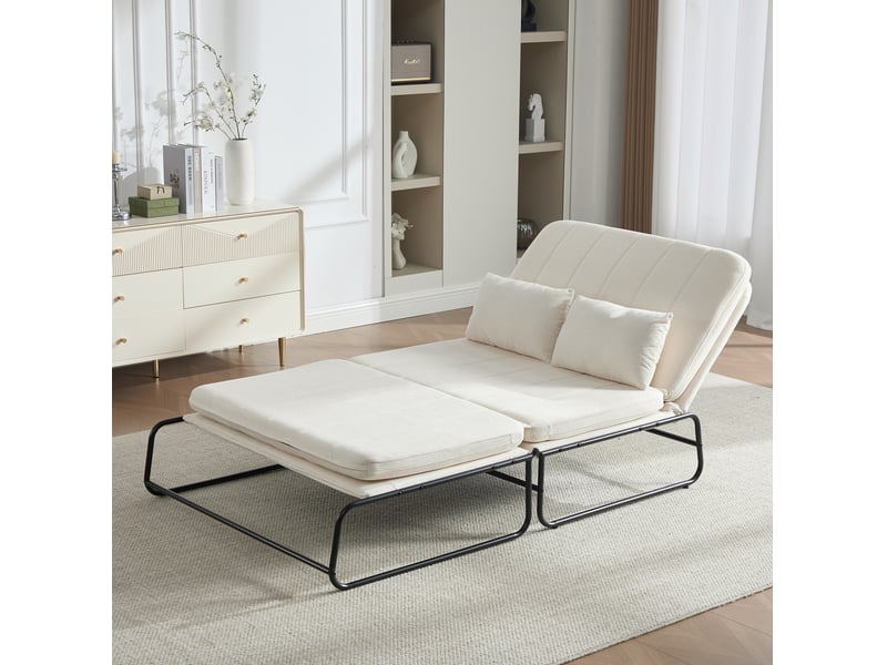 Canapé convertible 2 places avec poches latérales et coussin lombaire, structure en métal et chenille beige - Conforama B
