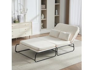 Canapé convertible 2 places avec poches latérales et coussin lombaire, structure en métal et chenille beige