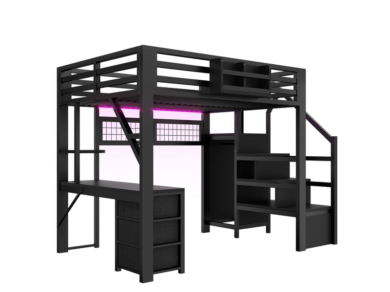 Lit mezzanine enfant 140x200 cm, bureau intégré avec station de charge, armoire, 3 tiroirs, étagère, panneau perforé, led, métal noir Radiant Stride - Conforama E