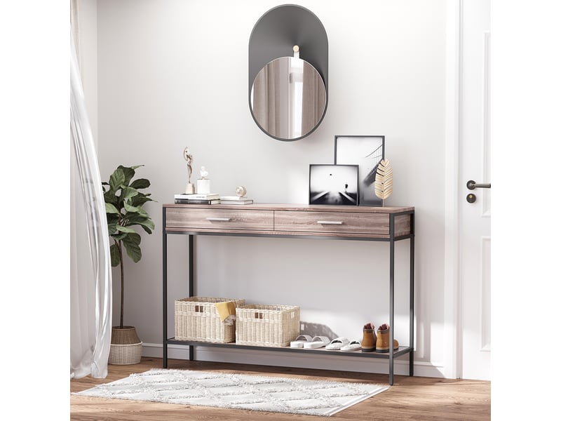 Console d'entrée avec tiroirs et structure en acier pour couloir, 120 x 30 x 81,5 cm, chêne  - Conforama C
