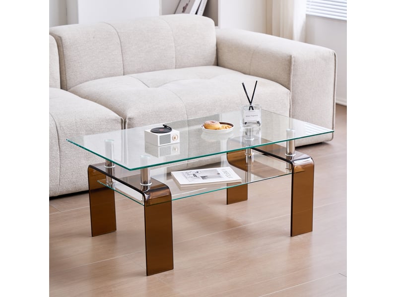  Table basse de salon en verre trempé, 2 plateaux, pieds en verre brun, 100 x 55 x 45 cm Fay Lum - Conforama B