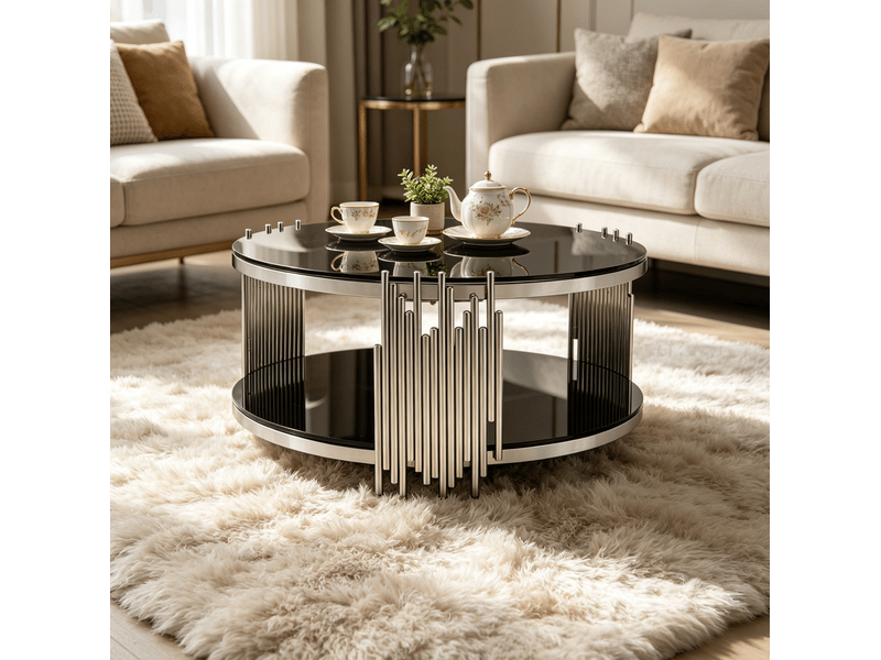  Elvmi table basse ronde en verre trempé noir avec double plateau cadre en acier inoxydable argenté table de salon moderne avec rangement à deux niveaux table centrale pour salon bureau et espace de vie  - Conforama B