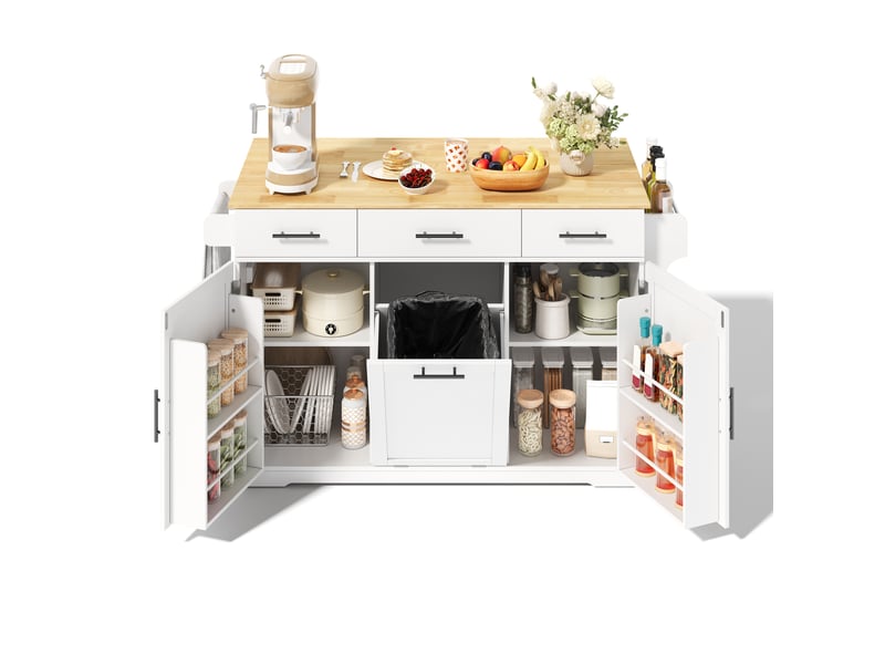  Desserte de cuisine mobile 136 cm en mdf blanc et bois clair, 3 tiroirs, prises usb et plan rabattable  - Conforama A