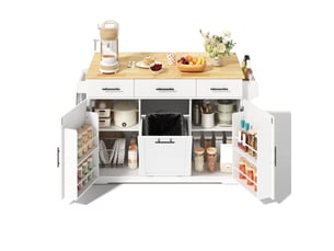 Desserte de cuisine mobile 136 cm en mdf blanc et bois clair, 3 tiroirs, prises usb et plan rabattable