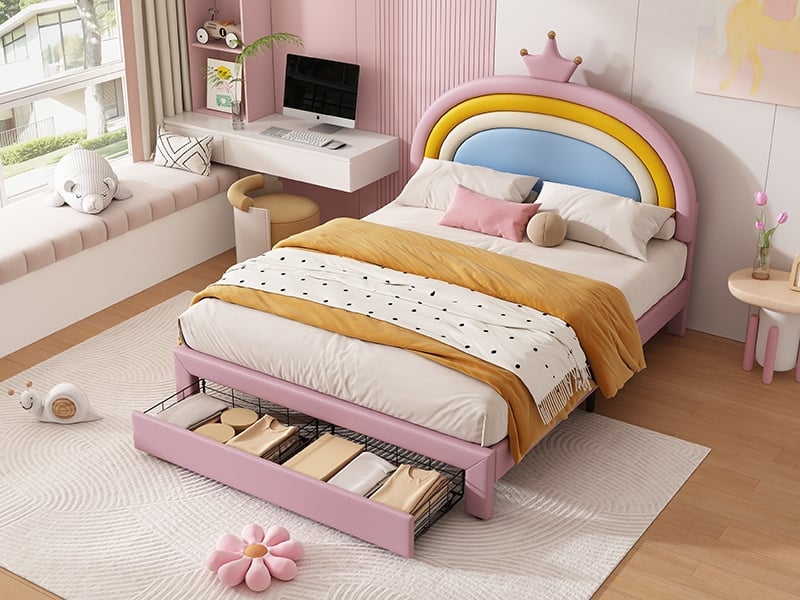  Lit enfant 140x200cm, tête couronnearc-en-ciel réglable 2 positions, tiroir pied, pu facile, charge 220kg, rose  - Conforama B