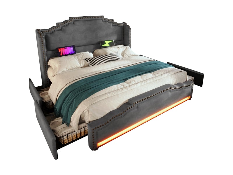  Modenvie lit coffre 180x200 cm - led, usb-c, 4 tiroirs, sommier inclus, sans matelas - gris  - Conforama A