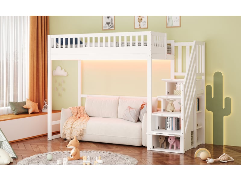  Lit superposé 90x200 cm blanc pin massif avec échelle réversible rangements intégrés et bandeau led Sol Morn - Conforama D