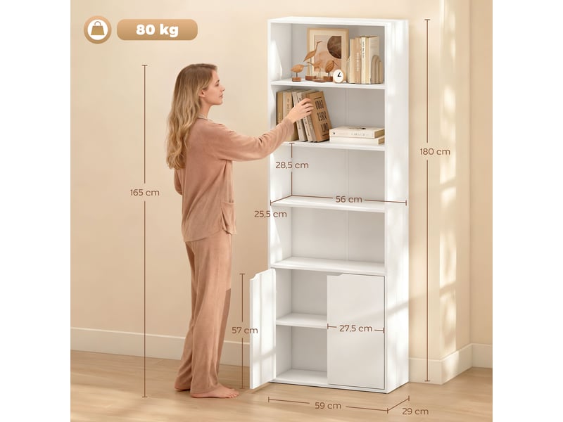  Bibliothèque armoire à livres avec 4 compartiments ouverts et 2 portes pour le salon et le bureau 59x29x180 cm blanc  - Conforama D