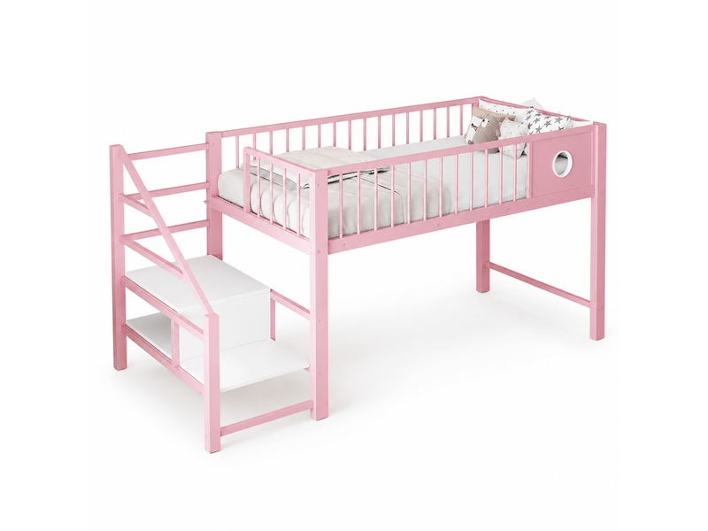 Lit mezzanine 90x200cm - échelle rangement intégrée - cadre métal - enfantado - rose  - Conforama A