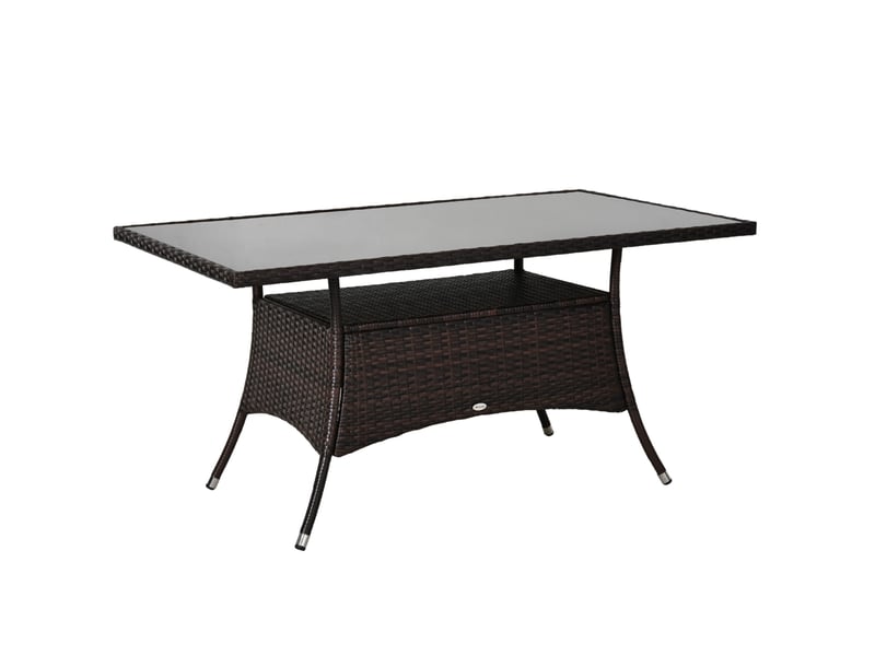  Table de jardin 150x85x74 cm en polyrotin avec plateau en verre de sécurité métal marron noir  - Conforama A