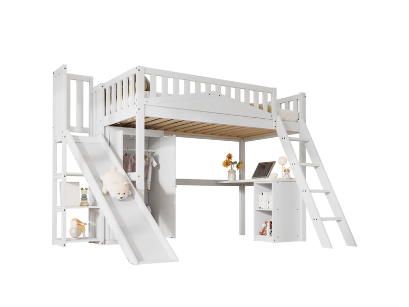  Lit superposé enfant 90x200 cm, avec toboggan, bureau et armoire, rangements intégrés, bois et mdf, blanc, sans matelas  - Conforama A