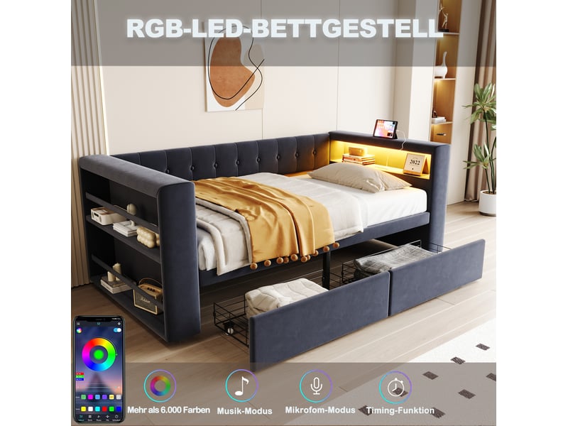  Lit simple 90x190 cm, avec lit enfant, 2 tiroirs, led, prise usb, rangements, flanelle et mdf, gris foncé, sans matelas  - Conforama E