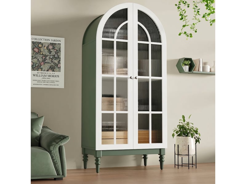  Buffet de cuisine vitrine vert 165 cm avec portes en verre strié et 3 étagères, design arqué  - Conforama B