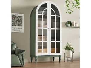 Buffet de cuisine vitrine vert 165 cm avec portes en verre strié et 3 étagères, design arqué