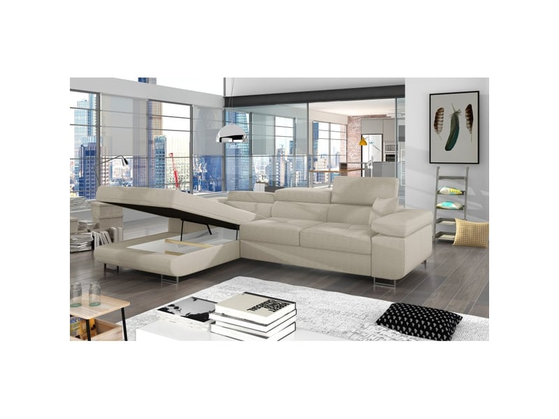  Canapé d'angle convertible amanda beige clair velours côtelé avec coffre gauche  - Conforama D