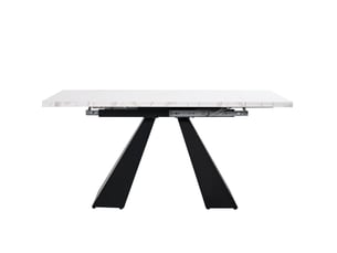 Table extensible (99)159×74x77cm, pieds en colonne, surface à motif marbre (non en marbre), mdf, métal, blanc et noir