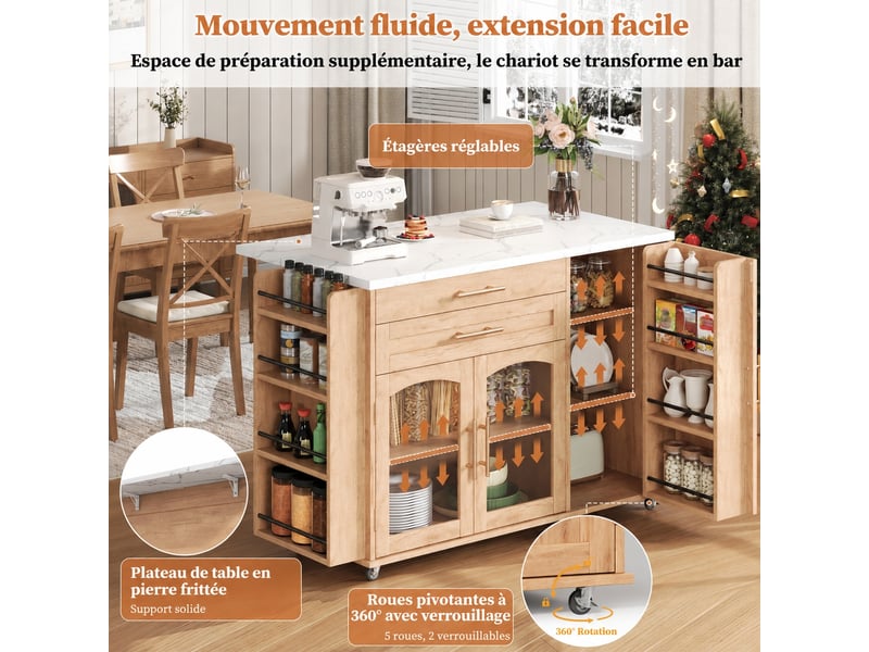  Îlot central de cuisine avec plan rabattable, 5 roulettes, rangements, 138 x 70 x 90 cm, bois naturel  - Conforama C