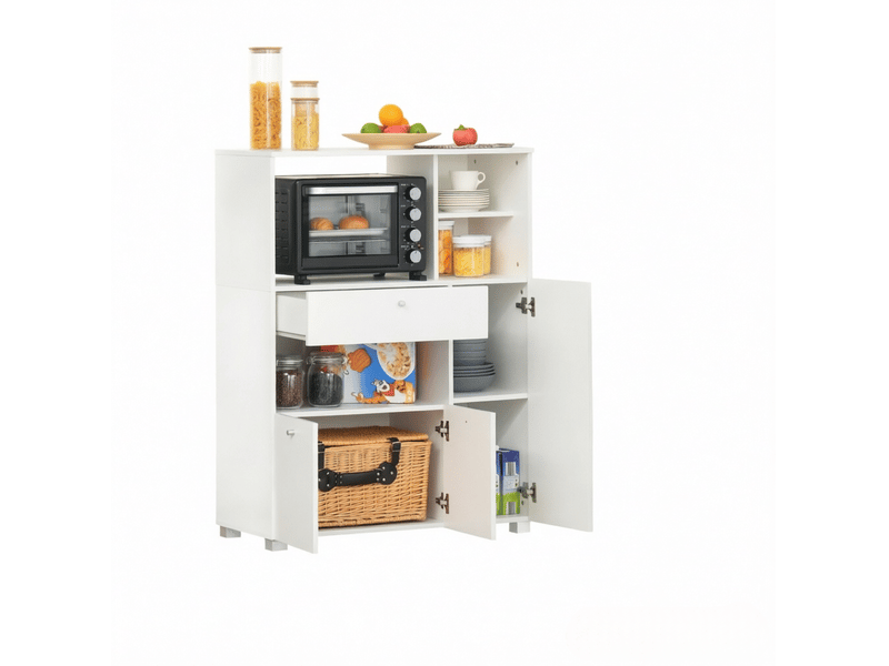  Buffet de cuisine avec 3 portes, 1 tiroir et 4 niches ouvertes, rangement micro-ondes en panneaux de particules blanc  - Conforama A