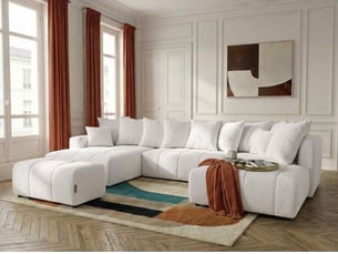 Canapé d'angle gauche convertible <strong>BOBOCHIC</strong> <strong>ROXELANE</strong> 6 places Tissu blanc avec coffre de rangement