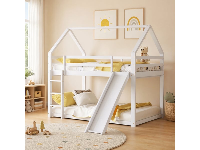  Lit superposé enfant maison 140x200 cm avec toboggan et échelle, blanc  - Conforama B