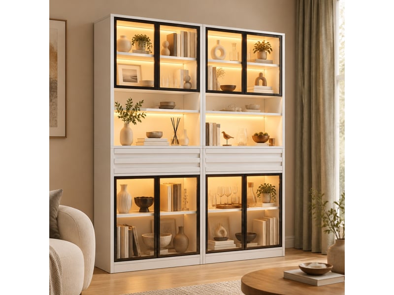  Lot de 2 vitrines led pilotées par application - lpospi - 8 portes vitrées, 2 tiroirs mdf blanc 160 × 35 × 200 cm  - Conforama C