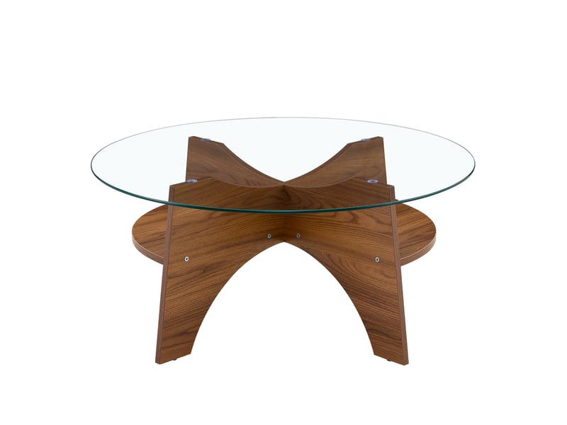  Table basse ulevr ronde ø80 cm en verre de sécurité transparent, piètement mdf décor noyer, hauteur 36 cm  - Conforama A