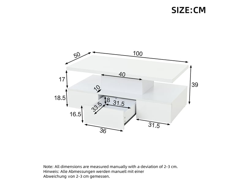 Table basse rectangulaire blanc avec 1 tiroir - 50x100 cm led panneau de particules table basse blanc - Conforama C