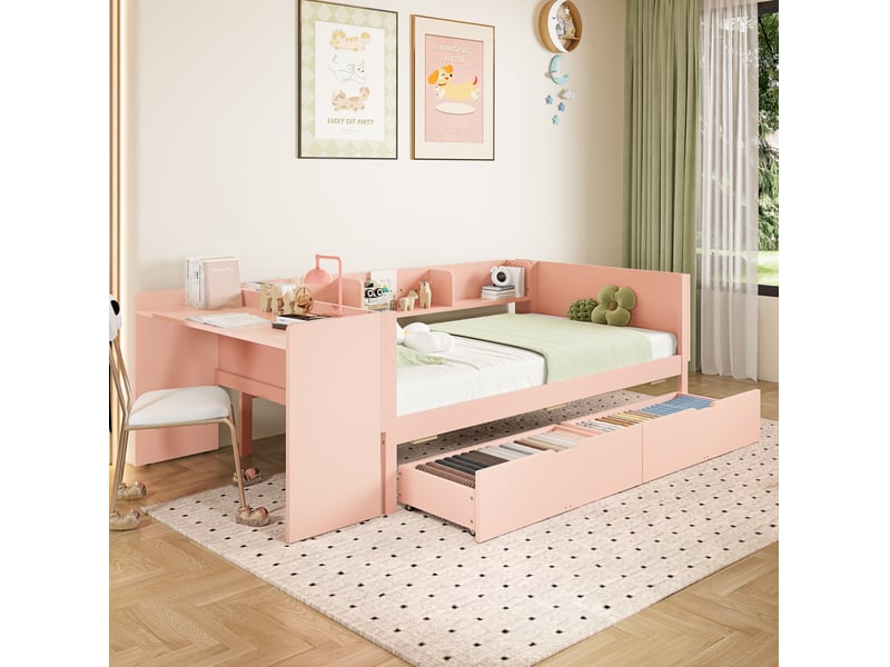  Modenvie lit enfant avec bureau 90x200 cm - avec 2 tiroirs et 3 étagères, sans matelas - rose  - Conforama B