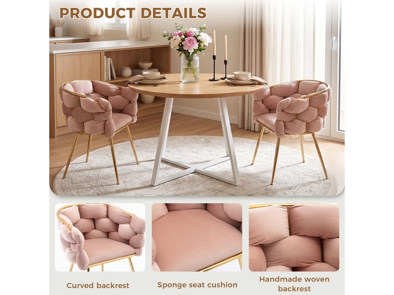  Lot de 2 fauteuils d'appoint,73x56x75 cm,avec pieds métal doré,velours,rose  - Conforama E