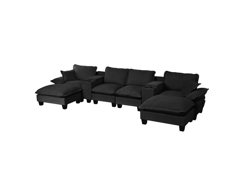  Canapé modulable en u modenvie 6 places avec rangement, usb et porte-gobelets, 392 x 155 x 90 cm, chenille noire, 2 ottomans et 2 coussins  - Conforama A