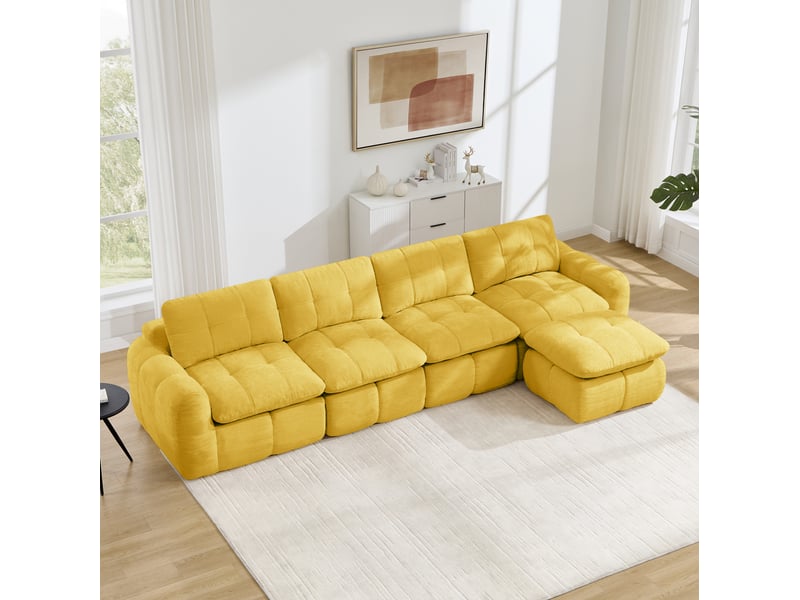Canapé d'angle modulaire réversible 4 places avec ottomane, assise large et profonde, sans cadre, en chenille jaune - Conforama D