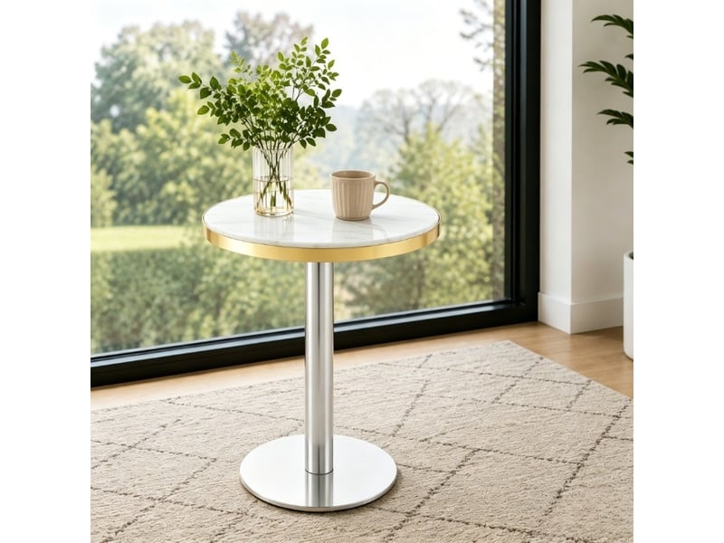  Table d’appoint ronde moderne, plateau effet marbre bord doré, structure métal noirdoréargenté  - Conforama E