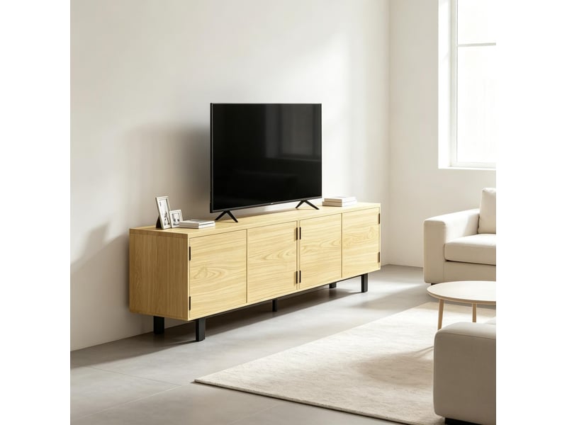  Meuble tv tcqpz 180 x 35 x 55,5 cm 4 portes à ouverture par pression effet bois naturel  - Conforama E