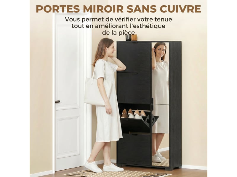  Meuble à chaussures 16 paires armoire à chaussures 4 tiroirs rabattables 2 portes en miroir étagères réglables noir  - Conforama D
