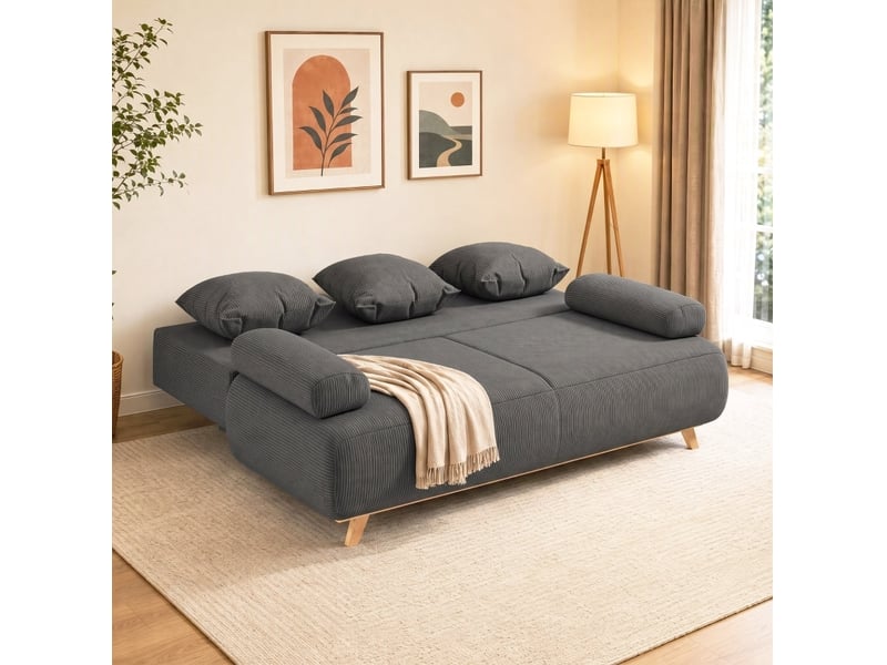  Canapé convertible 188x100x84 cm à 3 places, dossier réglable et rangement caché, bois, gris  - Conforama C