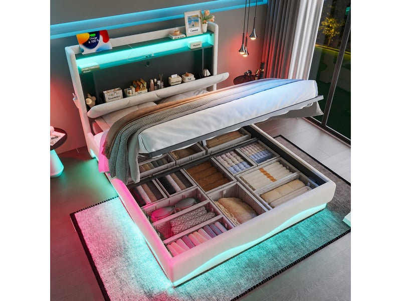 Lit coffre 160 x 200 cm en velours beige avec sommier relevable, tête de lit à étagère, led et ports usb et usb-c - Conforama B
