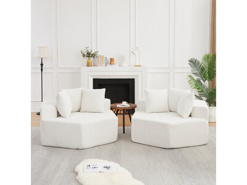  Canapé 1 place modulable hexagonal en chenille bouclée, avec 3 coussins, module lounge pour salon et chambre - beige  - Conforama D