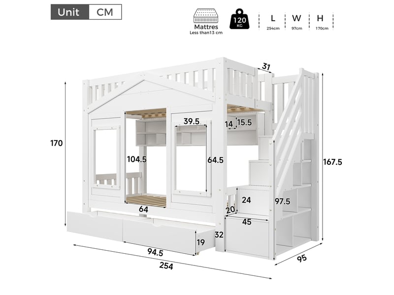  Lit mezzanine enfant 90x200 cm avec escalier de rangement et barrières, blanc  - Conforama C