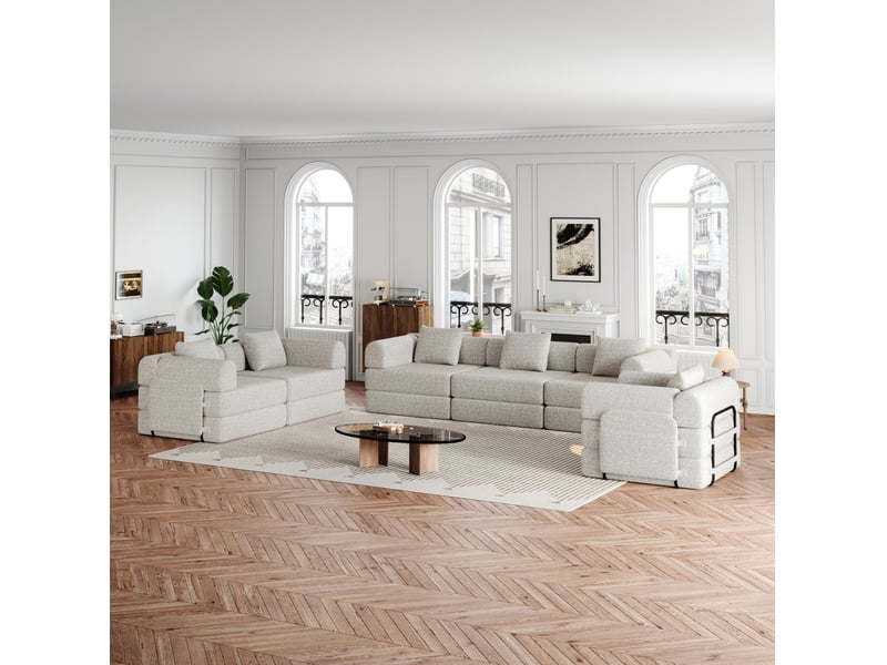 Canapé modulaire convertible 6 places avec rangement dans l’accoudoir et structure en métal, en chenille kaki - Conforama C
