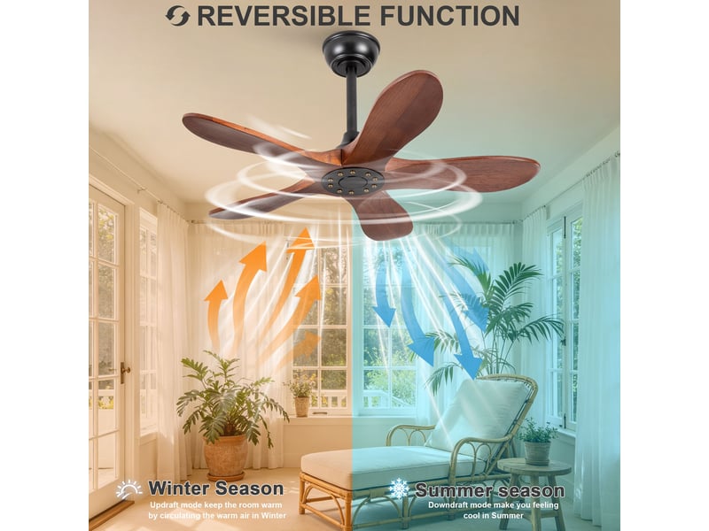  Ventilateur de plafond 90 cm sans éclairage 5 pales bois massif noyer et noir réversible 6 vitesses télécommande  - Conforama B