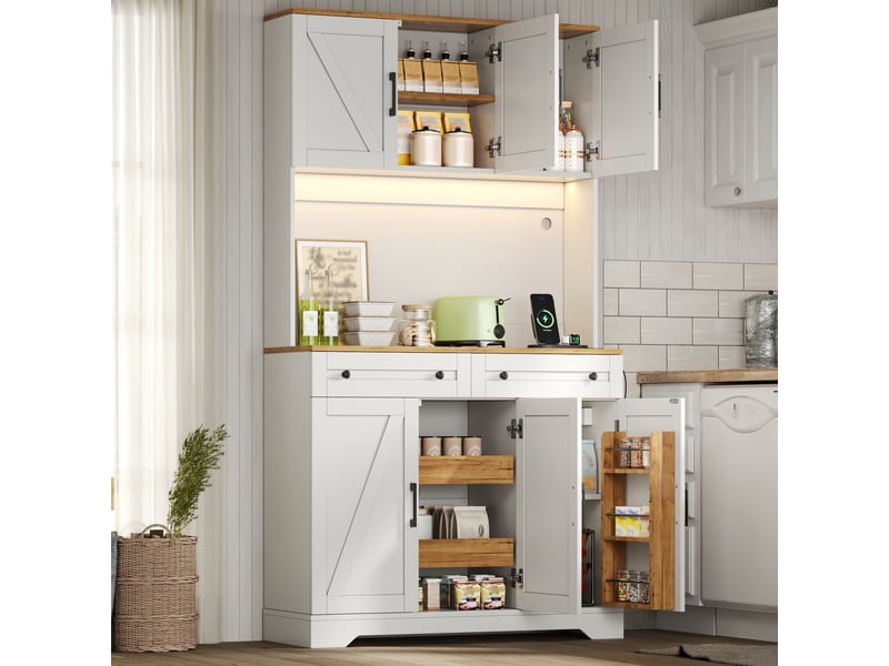  Armoire de cuisine haute 100x40x180 cm, meuble de rangement avec led rgb, prises électriques, portes de grange, naturel et blanc  - Conforama R