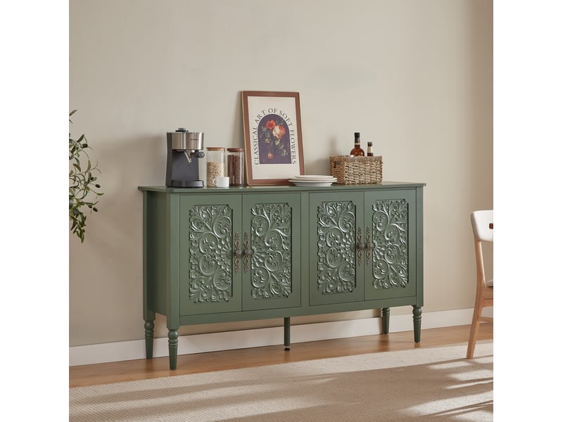 Buffet et enfilade 4 portes à relief sculpté, poignées métal et coins arrondis pour salle à manger en vert vintage - Conforama B