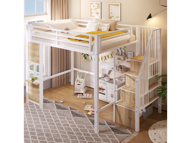 Lit mezzanine, 140 × 200 cm, blanc, mdf et métal, rangements, garde-corps, échelle, panneau fenêtre, escalier rangement - Conforama E