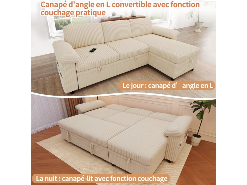 Canapé d'angle réversible convertible 3 places tissu beige coffre de rangement - Conforama D