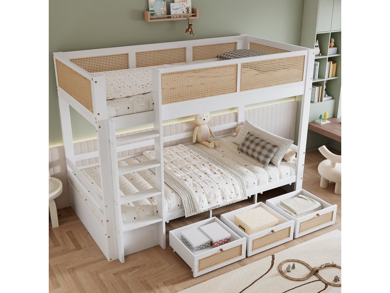  Lit superposé enfant 90x200 cm avec rangement, 3 tiroirs coulissants, garde-corps en rotin tressé, design naturel Blanc et bois Fay Lum - Conforama B