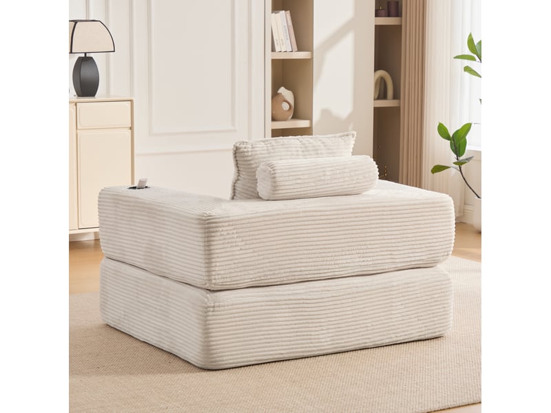 Canapé convertible 1 place avec poches latérales, porte-gobelets et accoudoirs amovibles en velours côtelé beige - Conforama D